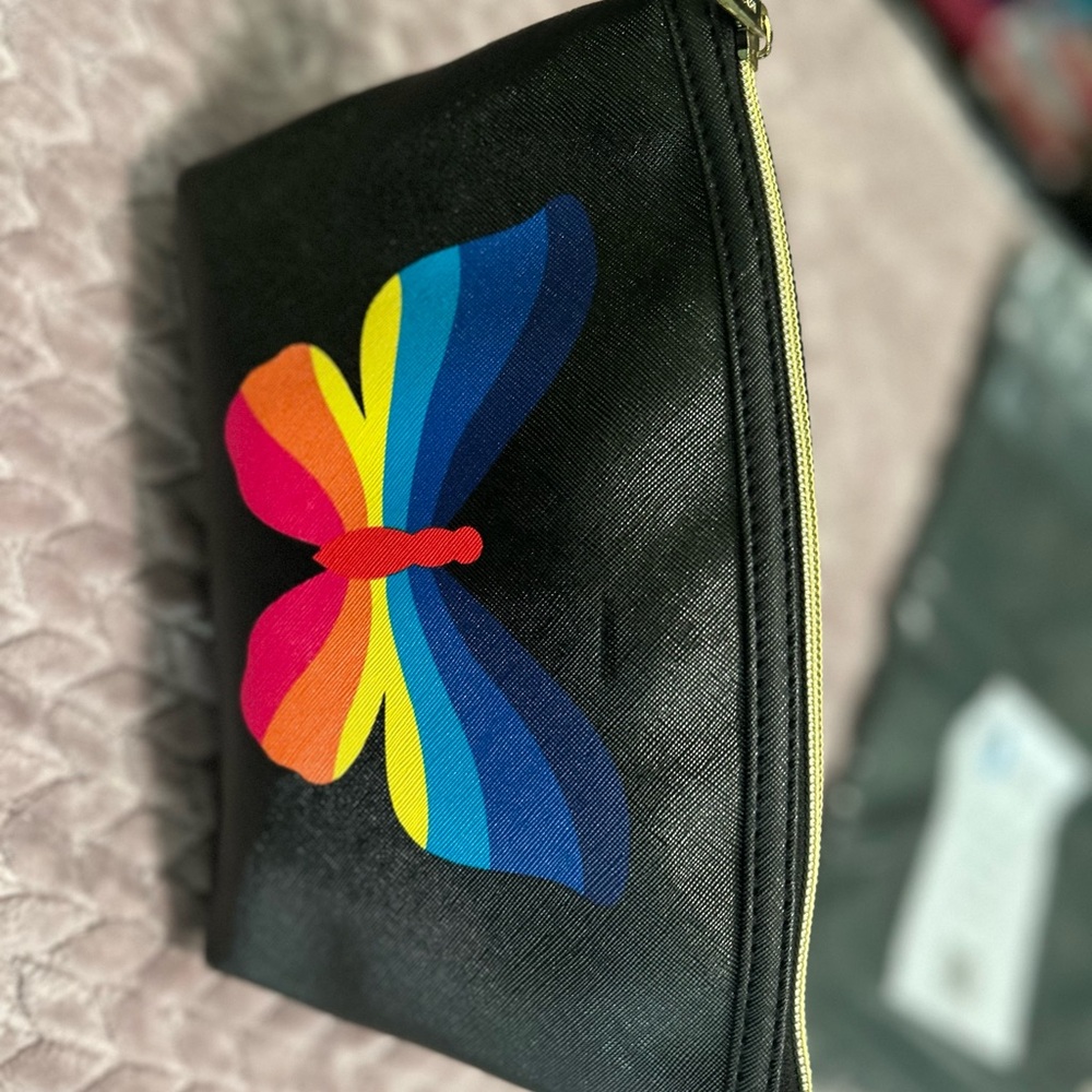 Cosmetic bag large black with a beautiful butterfly EUC